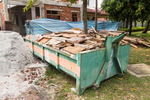 Front view of a sustainably managed skip site in Crouch End